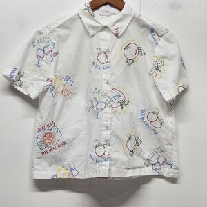 Jane & Delancey Novelty Cocktail Print Button Up Shirt White Short Sleeve Summer